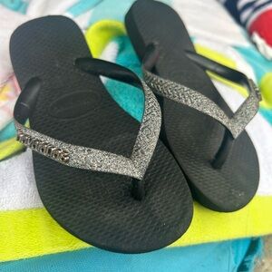 Havaianas Black Flip Flops with Silver Glitter Straps